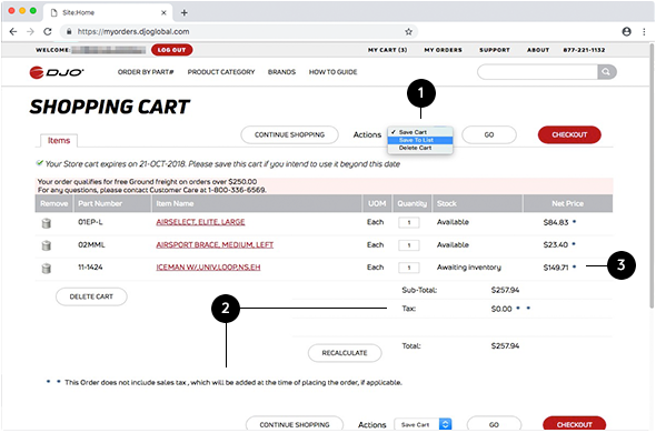 Screen capture of cart page